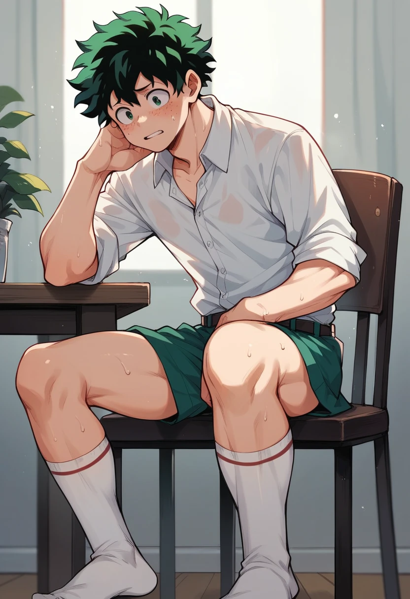 Anime boy Izuku very wet sweaty white socks under chair while toe scrunching