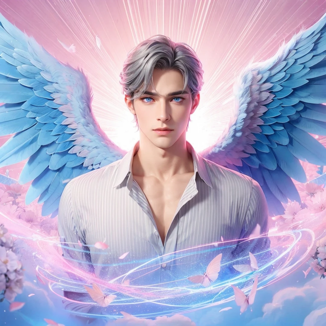 Handsome boy, gray hair, blue eyes, blue and pink wings