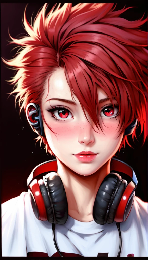 best quality, masterpiece, solo, 1girl, red hair, shirt, red eyes, black beckground, full facesMeticulous, analog style, focus on the eyes, highest quality, (highly detailed skin), photo of very handsome pale skin Dutch punk boy, 21 years old, (wearing headphones), perfect face, pore skin, (penetration:0.5), black background, (bokeh:0.6), sharp focus, grainy lighting, (backlight:0.7), film grain, photographed with Sony A7R IV camera, 18mm F/1.7 cine lens, (highly detailed, intricate detail), 8k, HDR, front view, (upper body: 0.9)