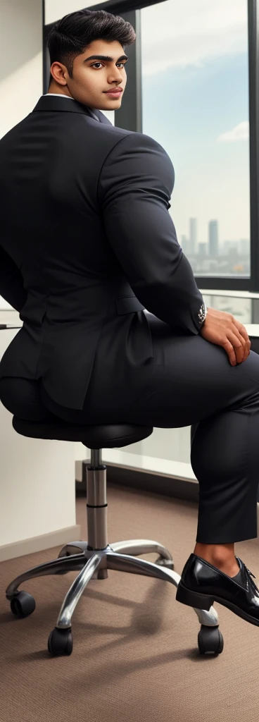 4 meter tall slightly overweight indian men. 20 years old. Childish Young hairless fresh face. In london with friend. Very sexy Posing for camera. Muscular. Wearing a tight black and office suit . Big ass. Smooth body and face. Belly seen. Long long legs. Sitting on chair. View from the back.