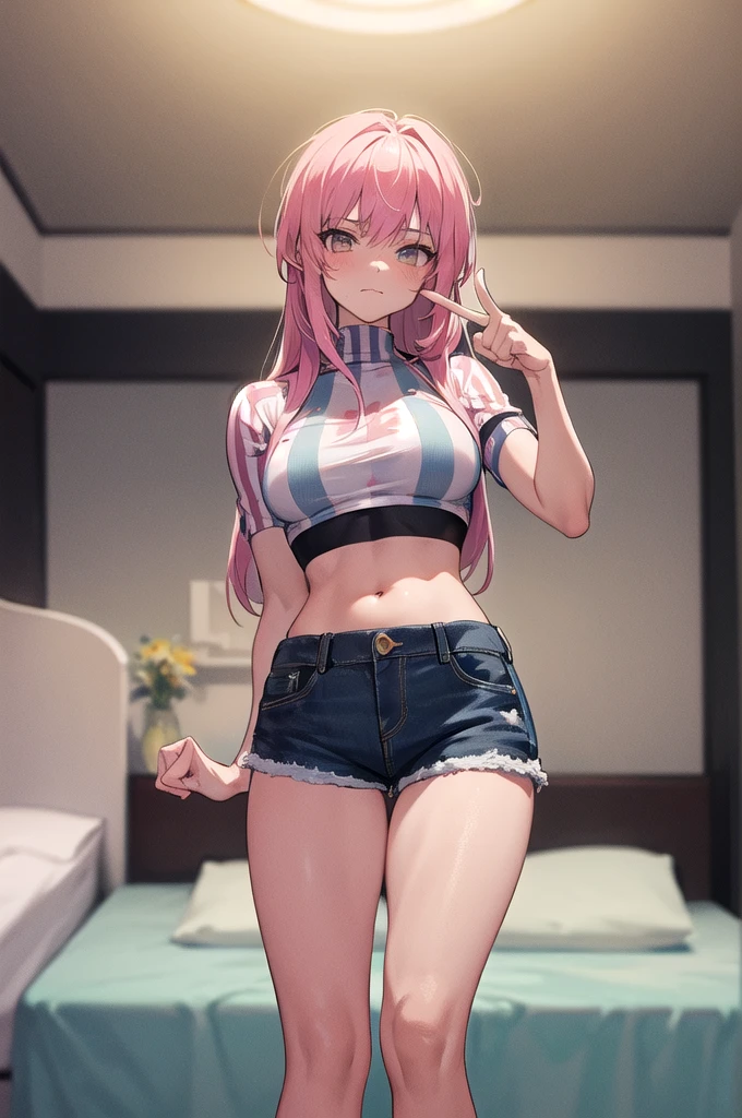 (masterpiece, Best Quality), 1 girl, pink hair, crop top, denim shorts, bedroom, striped thighs. A person is standing with a mocking facial expression. His right hand is raised and his index finger and thumb form an &#39;L&#39; which is placed on his forehead.. The rest of the fingers are bent towards the palm.