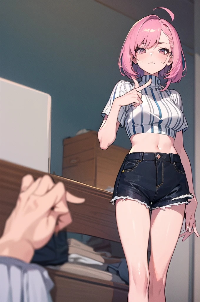 shirase sakuya,Denim shorts,Black knee-high socks,Black thigh-high socks,White shirt with rolled up sleeves,penis,Slender and sexy woman,Black Hair,Short Medium Hair,Fat naked man(Grinning face),recording,,Are standing,Sweat,Thigh job,Painful face,A lot of semen,Cum on thighs,thighhights socks