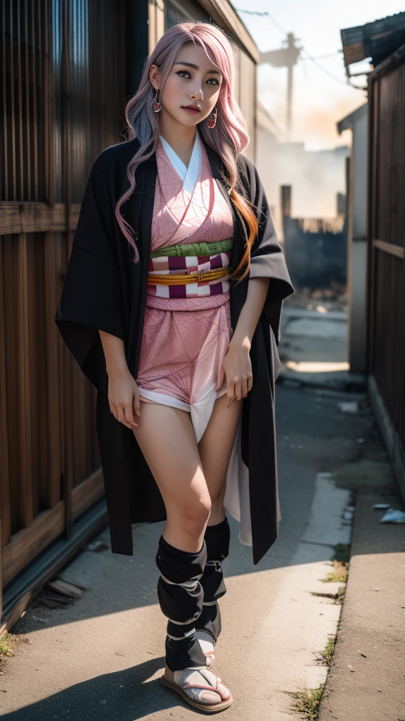 Cute Japanese woman, (), (Very cute face: 1.3), White and moisturized skin,
BREAK,
Fighter, Kung Fu fighter, Idol,
BREAK,
(Wearing cute kimono: 1.3), (Very revealing kimono), Very large earrings, Short length,
BREAK,
(Long hair), (Gray hair), (Wavy hair), (Gradient pink hair: 1.3), (Red hair at the ends),
BREAK,
(Realistic: 1.3), Masterpiece, Perfect lighting, (Ultra high resolution), (8K), (Very detailed: 1.4), (From the front), Looking at the camera, Melancholic expression, (Full body: 1.3),
BREAK,
(Japanese city streets: 1.2), (Great fire background: 1.5),
BREAK,
(Demon Slayer: 1.4),
BREAK,
(Hellfire: 1.2), Demon,