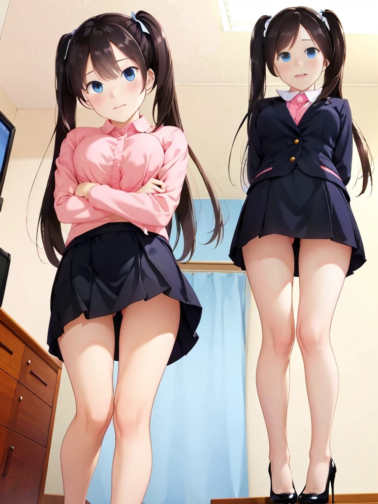 (Multiple Views)High resolution、One adult woman、Recruitment Suit、Tight Skirt、panties、bra、Office Room、High heels、Embarrassed、Full body image、From directly below、Twin tails