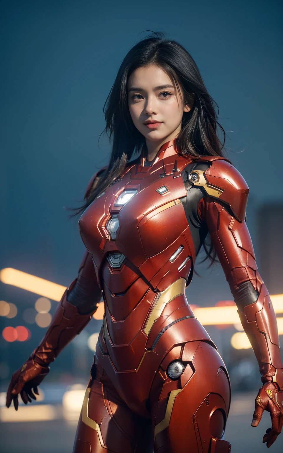 ((best quality、masterpiece、8K、Best image quality、Ultra-high resolution、Award-winning works)18 years old,Beautiful young woman, Smiling at the camera,Red Iron Man Suit,Metal Bikini Armor, Sexy belly exposed, full metal armor, Exposed abdomen and waist, Open the abdomen, The abdomen is completely exposed, Practical, photoPractical, high quality, 8K, Extremely detailed, masterpiece, Dynamic poses, Dramatic Lighting, Movie, Science Fiction, Futuristic, Vibrant colors