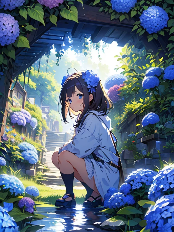 Hydrangea, garden, lake, Little Hill, Pebble Road,anime, artwork, Better Quality, Anatomically correct, Advanced Details, 8k, wallpaper