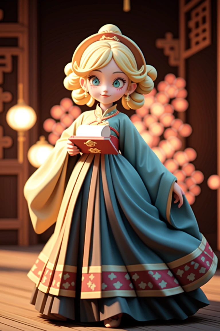 an epic colorful book cover of a 20th century young Blonde 20 year old Swedish witch, green eyes, transported in Tang Dynasty times in ancient China, European face, Tang dynasty clothes, wearing colorful red hanfu, neutral expression, holding a shining magic book, in a palace room, masterpiece, best quality, trending on artstation, intricate details, eerie magical atmosphere, sparkles, epic background, Chinese palace in the background, magic sparkles, magical atmosphere