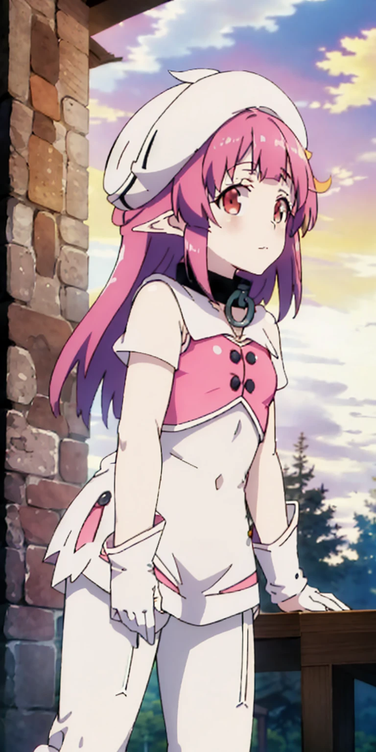 masterpiece, best quality, beret, pink capelet, pink tunic, white pants, brown gloves, upper body, sunset, gothic architecture, castle, clouds, looking at viewer, from side, shy, add details, very detailed, wearing metal collar, bracers, shackles
