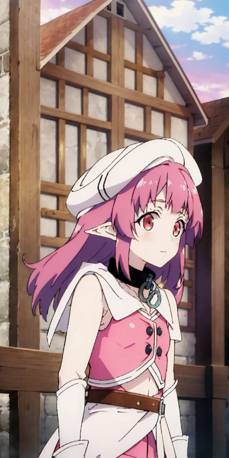 masterpiece, best quality, beret, pink capelet, pink tunic, white pants, brown gloves, upper body, sunset, gothic architecture, castle, clouds, looking at viewer, from side, shy, add details, very detailed, wearing metal collar, bracers, shackles