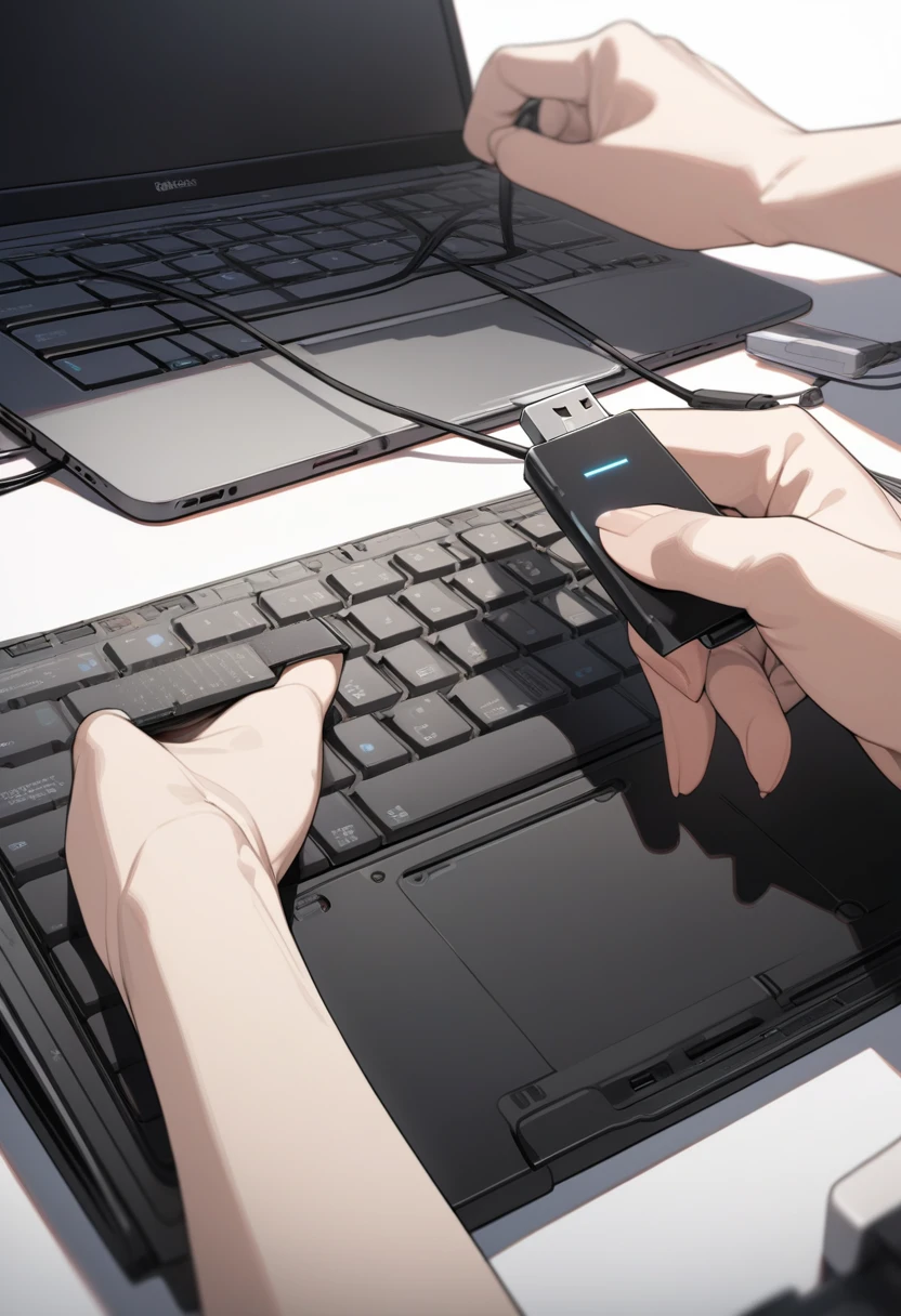 ((background only)),masterpiece, best quality, extremely detailed, ultra detailed, flat anime, 2D, close-up of a female hand, inserting a USB flash memory into a laptop's USB port, laptop keyboard is visible, the USB flash memory has a black casing,