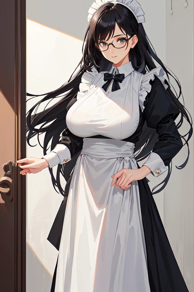 {{masterpiece}},high quality, 4K, 2D, 1 girl,{simple gray background},(attractive mature lady:1.6),milf,standing,sagging breasts,(gigantic breasts:1.5),maid,front face,{{tareme}},attractive mature lady,black hair, {from right in front of face and body},View viewers from front,{front facing shot},Wear glasses,(serious:0.1)