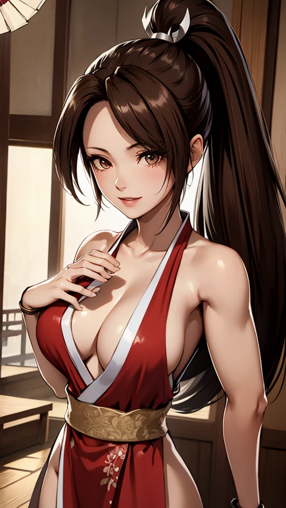 ((8k)), ((32K)), ((Highest quality)), ((masterpiece)), ((超High resolution)), ((Tmasterpiece)), (((head shot:1.6)))、((8k)), ((32K)), ((Highest quality)), ((masterpiece)), ((超High resolution)), Fine skin、1 woman、pink sexy dresseai shiranui:1.2)), Expose your shoulders、Brown Hair, Brown eyes, Long and high ponytail, hair band, 1 person、Captivating smile, 25 years old, Japanese Mature, Beautiful refers to, Beautiful long legs, Beautiful body, beautiful nose, Beautiful character design, Perfect Eyes, Perfect Face, jewelry, hair ornaments, king of fighters,((Large Handheld Fan:1.6))、
(Tabletop, Highest qualityの, Highest quality, beautifully、beautiful: 1.2), Very detailed, More detailed,Proper Body Professional Portion,Tabletop,Ultra-high quality output images,High resolution,Intricate details,Very delicate and beautiful hair,Realistic photos,dream-like,Professional Lighting,Realistic Shadows,Focus Only,
(Big Breasts:1.2,) , Floating skirt Fine skin texture, High quality fabric, High quality metallic texture、((Beautiful and dense face))、RAW Photos、Professional, Ultra-fine painting, ((alone)), Beautiful breasts、Highest quality, Very detailed, Very detailed, Finer details,,8kHigh resolution, Detailed Art, 8 Slim legs, Defined, Defined fingers