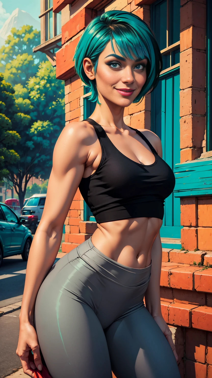 Latina, adult, pixie haircut, green hair, small insect wings on back, sheer thin black tank top with grey leggings, smile, Enchanting, Vivid colors, Turquoise, Soft Coral, Fantasy world, Digital painting, Iridescent accents, Elegant, HD, Highly detailed, urban setting, Beautiful woman, Realistic face, Natural photography, Ultra HD