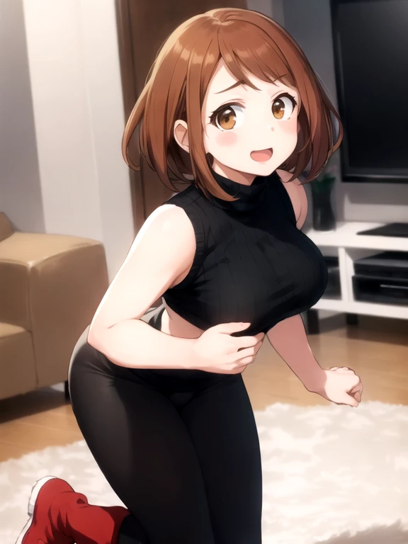 1girl, solo, Imagine Ochaco Uraraka being a 45 year old mother, MILF, brown hair, brown eyes, blush stickers, short hair, Mature Face, brown hair, brown eyes, blush stickers, short hair, curvy female, thick thighs, voluptuous female,((Wearing: red turtle-neck sweater, black leggings and ugg boots)), indoors, detailed background, living room, wide shot,