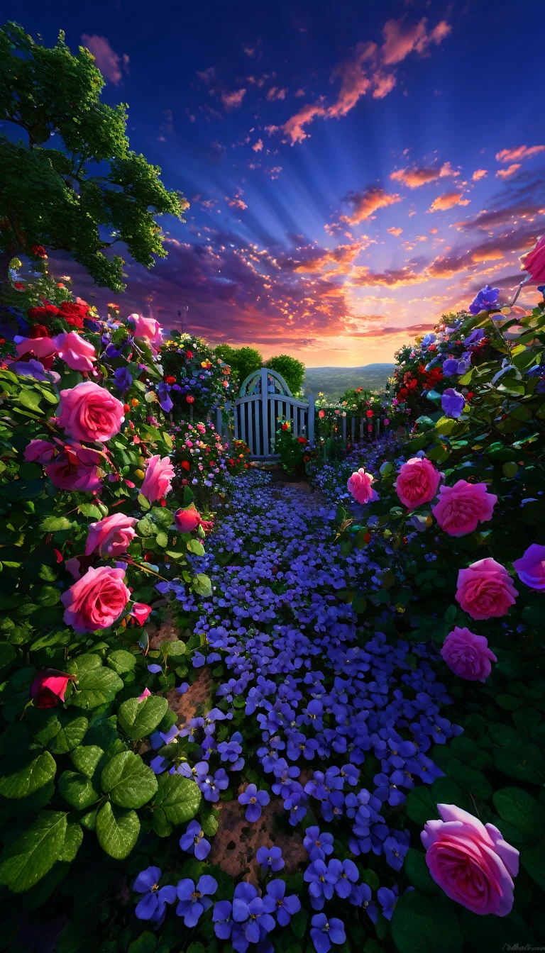 summer sky,photorealistic,highly realistic,extreme details,breathtakingly realistic,high contrast realism,high saturation realism,vibrant colors,dramatic lighting,captivating landscape,compelling storytelling,atmospheric scene,mesmerizing visuals,intricate details,strong emotions,celestial beauty,Dreamlike world Roses, violets, seven-colored garden