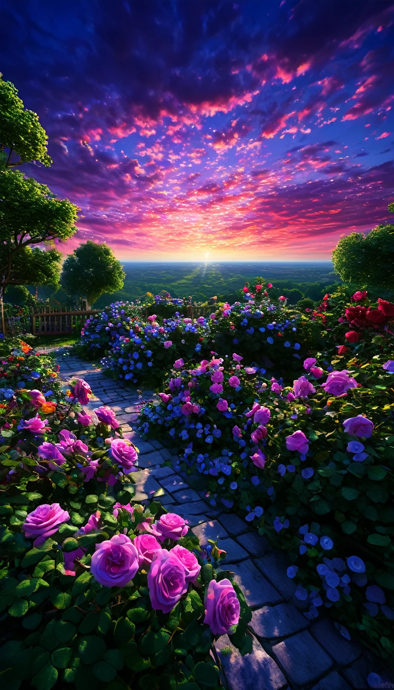 summer sky,photorealistic,highly realistic,extreme details,breathtakingly realistic,high contrast realism,high saturation realism,vibrant colors,dramatic lighting,captivating landscape,compelling storytelling,atmospheric scene,mesmerizing visuals,intricate details,strong emotions,celestial beauty,Dreamlike world Roses, violets, seven-colored garden
