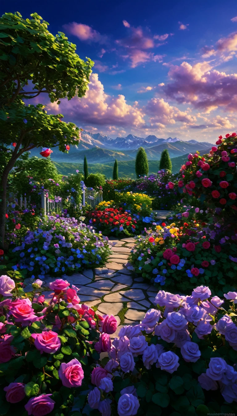 summer sky,photorealistic,highly realistic,extreme details,breathtakingly realistic,high contrast realism,high saturation realism,vibrant colors,dramatic lighting,captivating landscape,compelling storytelling,atmospheric scene,mesmerizing visuals,intricate details,strong emotions,celestial beauty,Dreamlike world Roses, violets, seven-colored garden