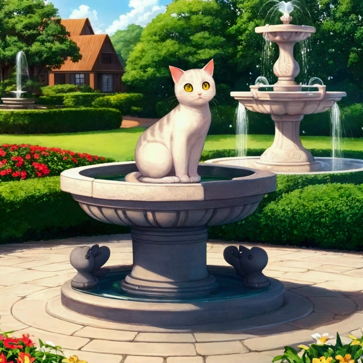 A round-eyed cute cat, Garden fountain, , Distant home, cute, Little