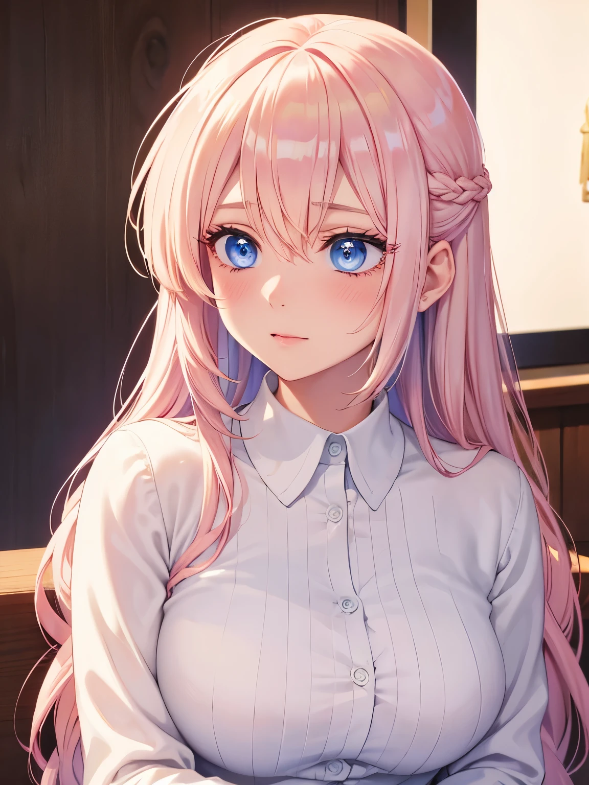 1woman,blue eyes,blush, looking away,Beautiful makeup, long eyelashes,early in the morning,stunning,close up photo, very detailed face,cute,,HD face, perfect face,Short white dress, pink cardigan,very big breasts,Blonde hair,blonde hair,blonde,bangs,long hair, straight hair,ultra detail,ultra Hd, masterpiece,4k