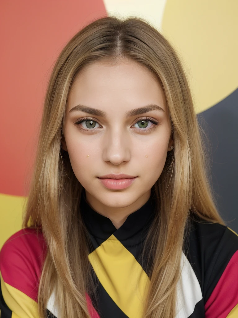 girl with waist-length blonde hair. Oval face. Small and proportional nose with a smooth straight profile with symmetry and naturalness. Large, expressive eyes with a vibrant green color with a penetrating look with long, defined eyelashes. Full and well-defined lips with marked cupid curves of moderate size and symmetrical. nose, eyes, lips and ears are balanced and complement the oval shape of the face, symmetrical with each other, healthy and well-groomed skin, as well as shiny and well-groomed hair. (Textured Skin), (((Life Real))). (((petite))), (((smal))). A panoramic photo shows her sitting in front of a colorful, abstract background, wearing a striking, colorful dress in the style of abstract expressionism. Her dress is made up of geometric shapes in striking colors of yellow, red, blue and black. The dress has long sleeves and appears to reach the thighs. en el aeropuerto de santiago