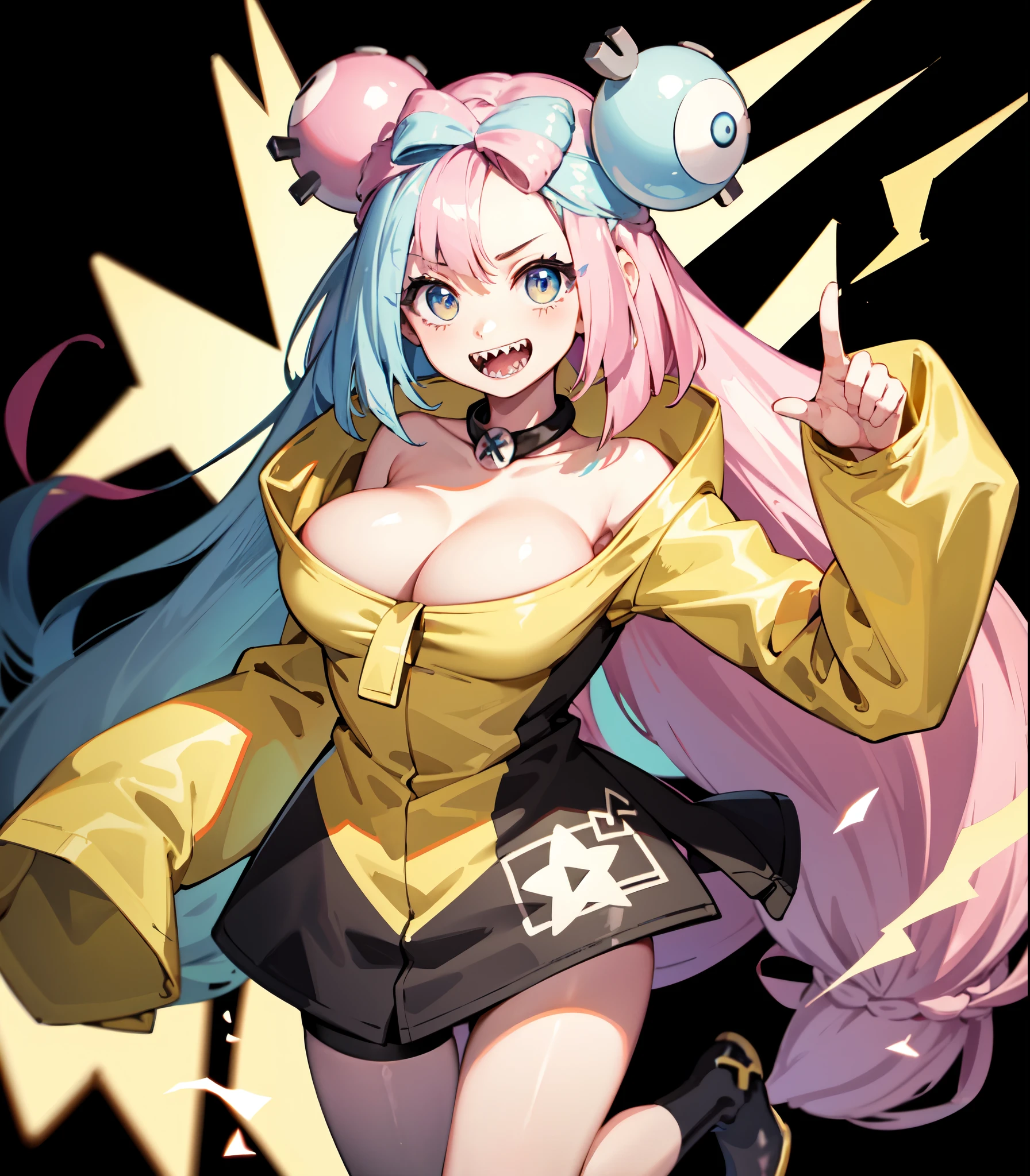 Highest quality、masterpiece、Big Breasts,Pink hair and blue eyes、Yellow Jacket、Please raise your right hand、Lower your left hand、Stand only on your right foot、Raise your left leg。Sharp teeth、smile、White Background,Nanjamo,No text