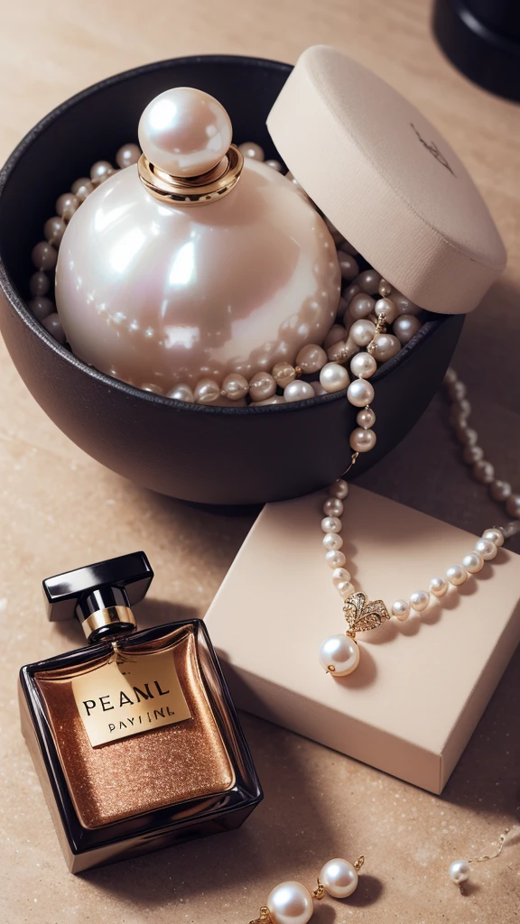  a perfume and next to it a pearl necklace
