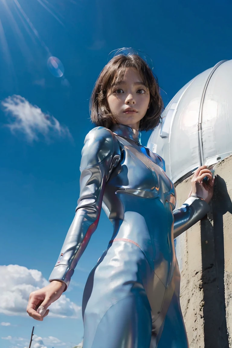 (((blue sky with cloud in background))), Ultraman、realistic、realistic、cinematic lighting, Girl in a shiny red and silver suit、18 years old、professional photo, Japanese model, Japanese cgi、Ultraman Suit、tight and thin cyber suit, Whole body rubbery delicate body, big breasts、small ass、thin thighs、thin arms、thin waist、、Both sides of the cyber suit stick to the skin、Big eyes、facing the front、facing the front、A glowing sphere is embedded in the chest.