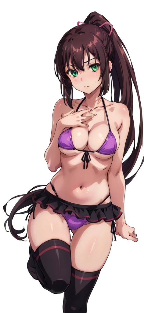 masterpiece, best quality,1girl,solo,kirasaka sayaka,brown hair,long hair,ponytail, hair ribbon, green eyes,,purple thighhighs, wariza, (bikini). 