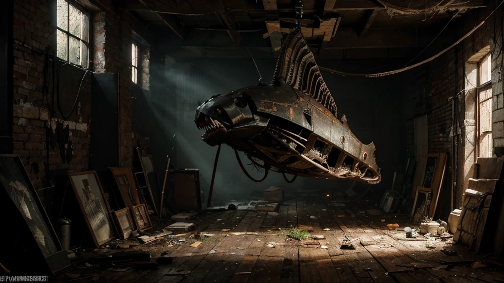 In the abandoned basement, Old wood decays., dark, and full of spider webs, vine, and weeds. There is a fish-headed animal with fangs.. Has a body mixed with a cyborg., Rusty Armor, The floor is dirty., scattered skulls. Deep orange tones, intricate details. Ultra high resolution Built with the aesthetics of Unreal Engine 5, With additional fog and more intricate details.. horror movie scene