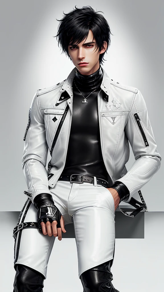 Final fantasy taste and reality graphics, Japanese young cute and cool ikemen  boy, his age is early 20s, thin eyebrows and beady eyes,  ((he wearing off white color leather  thick material jacket)), ((jacket is singlebrest)), biker style jacket, with epaulet, jacket is long sleeve, ((must close the front of the leather jacket)), , ((voluminous leather jacket)), ,((must jacket is high length and stand-up collar)) ((jacket collar with two belts)), ((jacket is a little black color line pattern)),((close the front of the jacket)), ((also wearing black thick material turtleneck lackluster shirts)),  ((tight black leather pants)),  ((black leather tight and thin glove)), ((black leather knee-high raceup boots)),((must views  head-to-toe)),((must views whole body)), ,((Do not show skin from the neck down)),leather jacket leather glove and leather pants have few wrinkles, Avoid showing your innerwear,zip up jacket fastner.must put on a leather glove.
Bous face is expression of ecstasy.
Boy is black hair.boy looks like fashion model.
Boy wrapping gagged with silver duct tape 