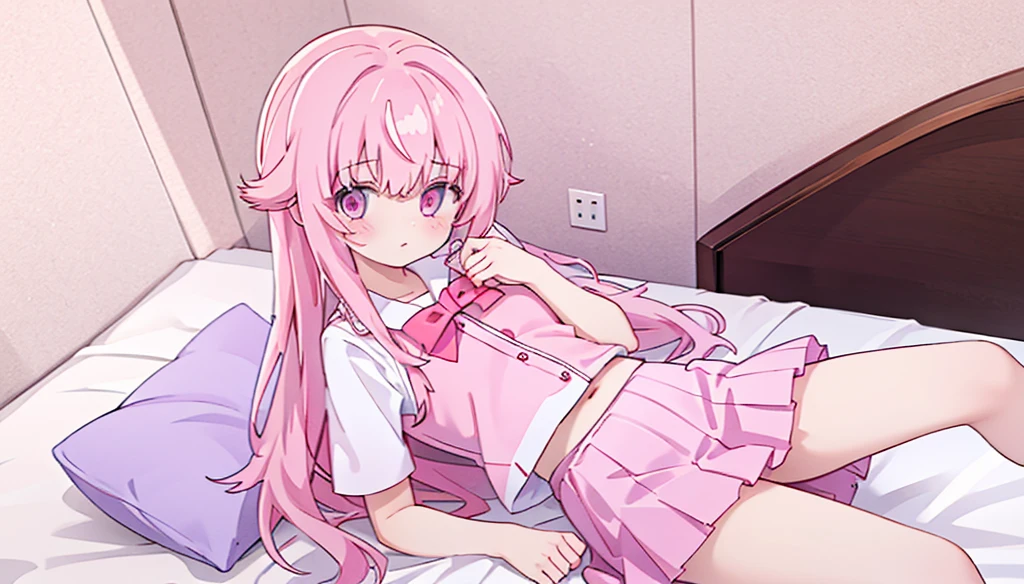 1girl,pink hair, pink eyes with love, detailed eyes, straight hair, straight bangs, shiny hair,
,red bowtie,purple skirt,purple shirt,pleated skirt,short sleeves,looking at viewer, high-definition,masterpiece,best quality, masterpiece, best quality, high resolution, aabeta, double, white bedroom background, sitting on a pink bed, slim waist, cute, sailor uniform (PastelColors: 1.3)