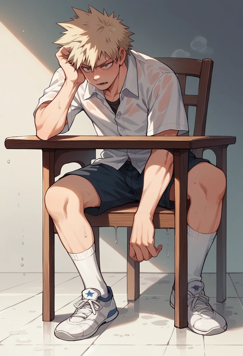 Anime Boy Bakugo very wet sweaty thin white socks while toe scrunching under chair