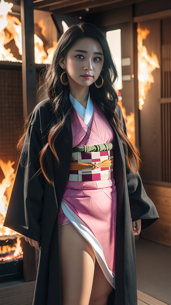 Cute Japanese woman, (16 years old), (Very cute face: 1.3), White and moisturized skin,
BREAK,
Fighter, Kung Fu fighter, Idol,
BREAK,
(Wearing cute kimono: 1.3), (Very revealing kimono), Very large earrings, Short length,
BREAK,
(Long hair), (Gray hair), (Wavy hair), (Gradient pink hair: 1.3), (Red hair at the ends),
BREAK,
(Realistic: 1.3), Masterpiece, Perfect lighting, (Ultra high resolution), (8K), (Very detailed: 1.4), (From the front), Looking at the camera, Melancholic expression, (Full body: 1.3),
BREAK,
(Japanese city streets: 1.2), (Great fire background: 1.5),
BREAK,
(Demon Slayer: 1.4),
BREAK,
(Hellfire: 1.2), Demon,