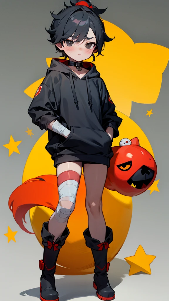 brawl stars, boy, black short hair,mini boy ponytail,blush on the cheeks, black eyes,dark gray mask on the eyes, red mini bandage around the neck, gray long hoodie, short sleeves, skinny legs, big red boots with yellow stars, seal tail