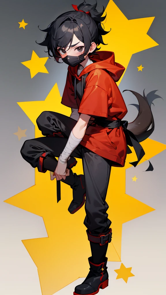 brawl stars, boy, black short hair,mini boy ponytail,blush on the cheeks, black eyes,dark gray mask on the eyes, red mini bandage around the neck, gray long hoodie, short sleeves, skinny legs, big red boots with yellow stars, seal tail