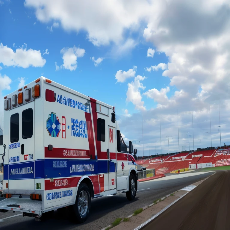 ambulance driving down a race track with a blue sky in the background, ambulance, by Amelia Peláez, un head-on, mesa, by Daniel Lieske, by Luis Miranda, doctor, an ultra realistic, A hyperrealist, Medium wide shot, trailer, by Ramón Silva, by Teresa Fasolino, by Luis Molinari