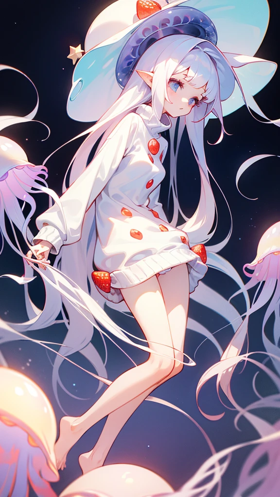 Small woman with breasts who has a jellyfish hat and her hair is jellyfish tentacles, has pale skin almost white as paper, has a white sweater with star and strawberry pins, The sweater is so long, she only wears panties below and long white stockings, as an extra she is a barefoot girl, that&#39;s why it&#39;s so small.