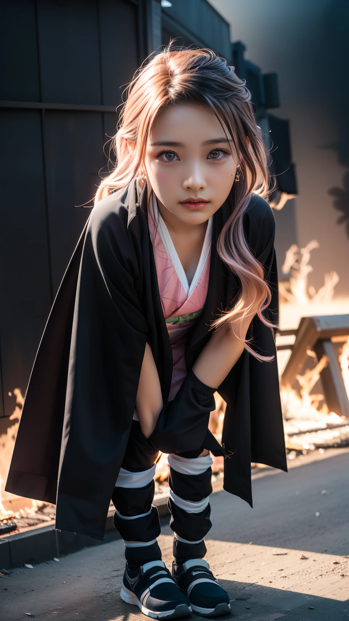 Cute Japanese woman, (16 years old), (Very cute face: 1.3), White and moisturized skin,
BREAK,
Fighter, Kung Fu fighter, Idol,
BREAK,
(Wearing cute kimono: 1.3), (Very revealing kimono), Very large earrings, Short length,
BREAK,
(Long hair), (Gray hair), (Wavy hair), (Gradient pink hair: 1.3), (Red hair at the ends),
BREAK,
(Realistic: 1.3), Masterpiece, Perfect lighting, (Ultra high resolution), (8K), (Very detailed: 1.4), (From the front), Looking at the camera, Melancholic expression, (Full body: 1.3),
BREAK,
(Japanese city streets: 1.2), (Great fire background: 1.5),
BREAK,
(Demon Slayer: 1.4),
BREAK,
(Hellfire: 1.2), Demon,