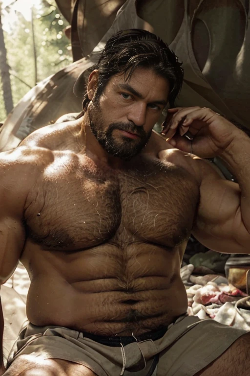 Masterpiece, Best Quality, High resolution, (1 chico:1.4), male focus, tanned skin, 50-year-old camper on campsite in forest with campfire in the background, brown hair, italian, furry, beefy, chubby, dad body, dad bod, warm lighting, HDR, (GS-Macho :1.5), thick forearms, thick arms, huge thighs, large pecs, big chest, charming, erotic look, winking at camera, scruff, hairy