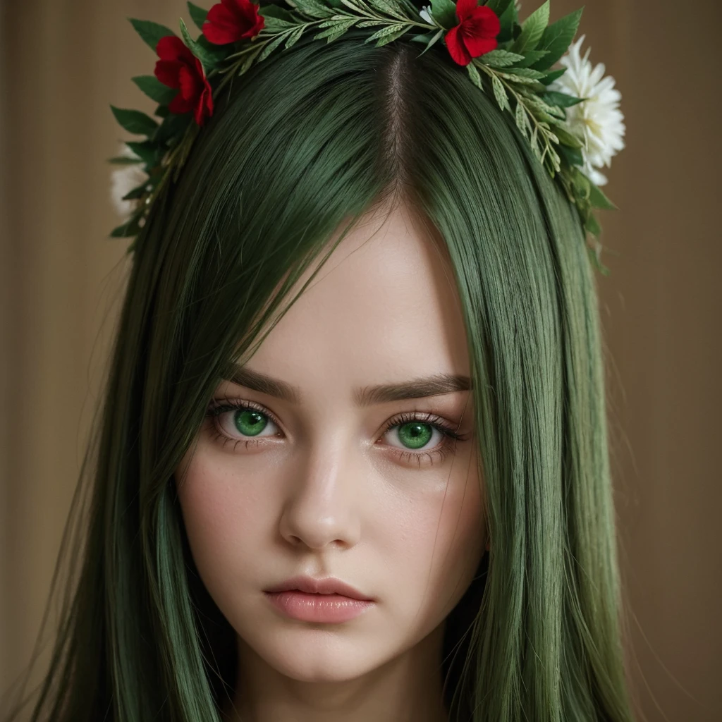 a girl.  face sent feeling.  Europe.  Oval face.  long face.  delicate facial features.  seductively seductive.  green eyes.  long straight hair.  green hair.  wreath on head.  Red lips.  sad expression.  dull.  thoughtful.  Not feeling.  shy.  straight face