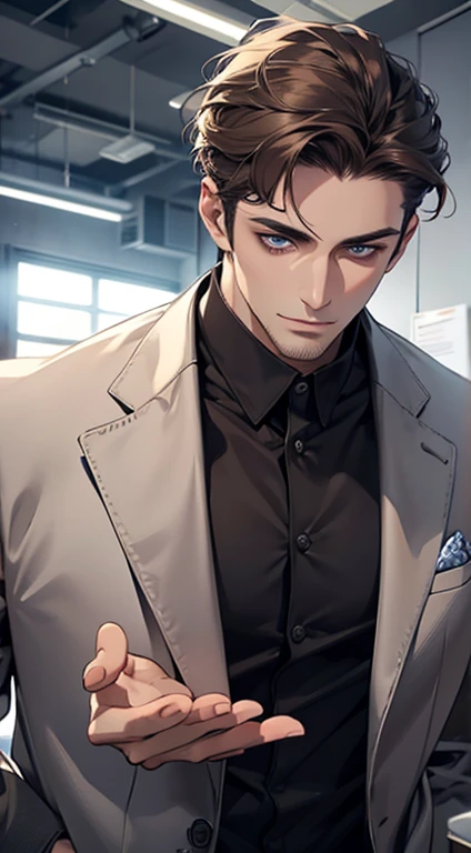 (best quality,4k,8k,highres,masterpiece:1.2),ultra-detailed,(realistic,photorealistic,photo-realistic:1.37),1 man,31 years old,mature man,very handsome,without expression,smile,short grey brown hair,blue eyes,penetrating gaze,perfect face without errors,imposing posture,businessman,office background,cinematic lighting,hdr image