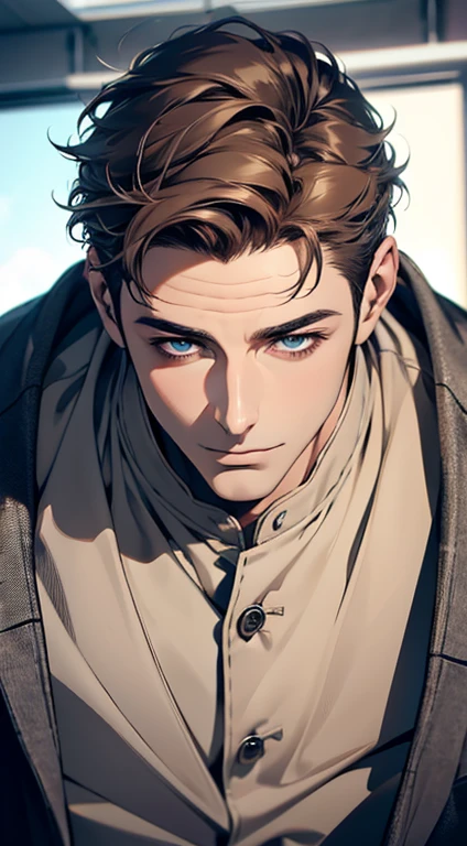 (best quality,4k,8k,highres,masterpiece:1.2),ultra-detailed,(realistic,photorealistic,photo-realistic:1.37),1 man,31 years old,mature man,very handsome,without expression,smile,short grey brown hair,blue eyes,penetrating gaze,perfect face without errors,imposing posture,businessman,office background,cinematic lighting,hdr image