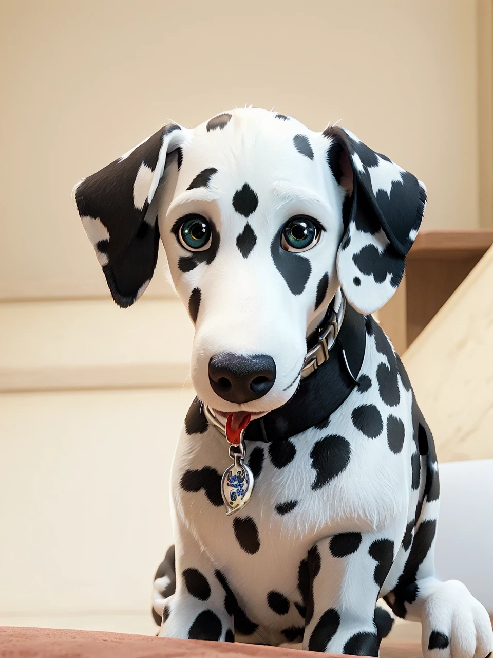 cute dalmatian, dog with red collar, tongue out, happy expression, vibrant colors, warm lighting, soft focus background, highly detailed, photorealistic, 8k, masterpiece, cartoon like design, disney like