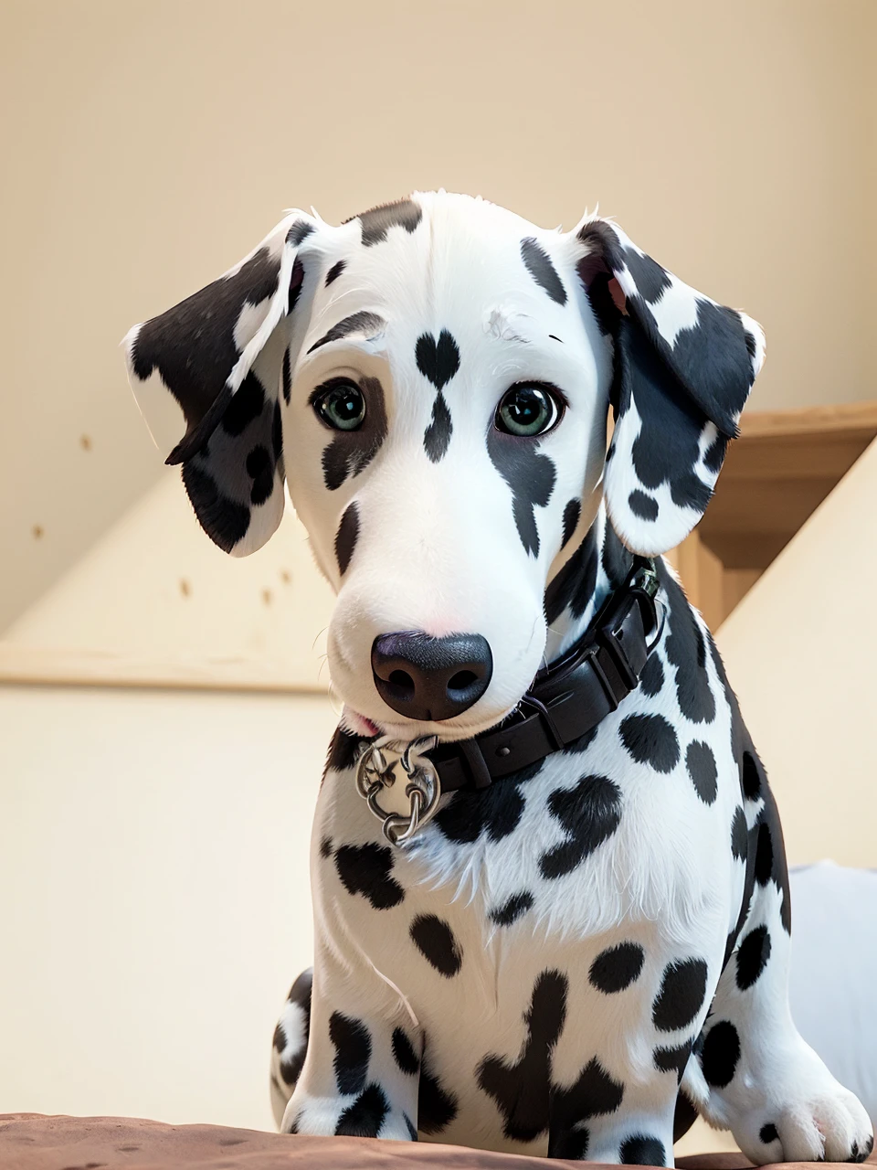 cute dalmatian, dog with red collar, tongue out, happy expression, vibrant colors, warm lighting, soft focus background, highly detailed, photorealistic, 8k, masterpiece, cartoon like design, disney like