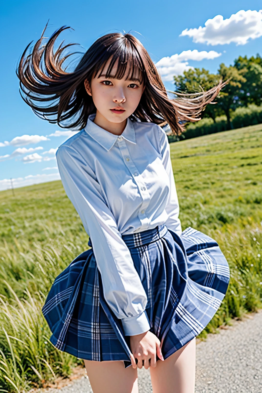 realistic, photo-realistic, masterpiece, best quality, RAW photo, high resolution, intricate details, extremely detailed, cinematic lighting, portrait, solo, 1girl, a Japanese woman, pale skin, (detailed face, detailed eyes, sophisticated nose), white blouse, plaid skirt, (skirt tug, clothes tug, wind, wind lift:1.5), photo background, outdoors, 