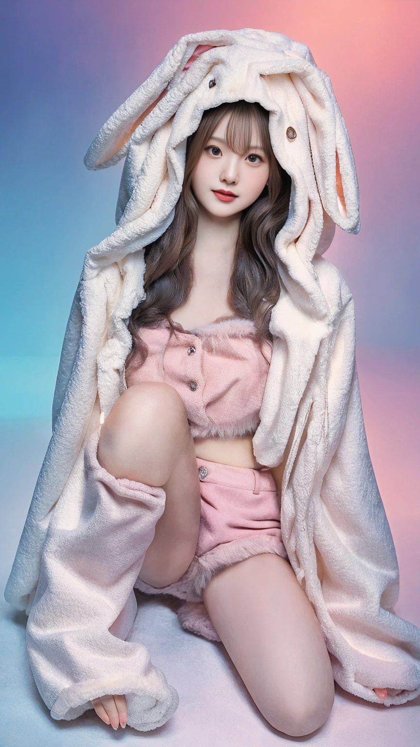 bunbun, skirt, jacket, midriff, hood, rabbit ears, leg warmers, best quality, masterpiece, illustration, realistic, photo-realistic, amazing, finely detail, incredibly absurdres, huge filesize, ultra-detailed, highres, extremely detailed CG unity 8k wallpaper, (nsfw), A cute Korean woman with a cute face and hairstyle is wearing a pink crop top with a fuzzy white rabbit ear hoodie. The hoodie is open, revealing the pink crop top underneath. She is also wearing leg warmers. The woman is standing in a cute room with pink and blue tones. The room is decorated with many cute decorations, (full body shot), (sexy sitting pose), (bottom-up perspective)