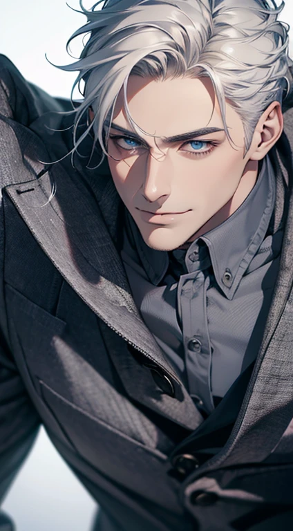 (best quality,4k,8k,highres,masterpiece:1.2),ultra-detailed,(realistic,photorealistic,photo-realistic:1.37),1 man,31 years old,mature man,very handsome,without expression,smile,short grey white hair,blue eyes,penetrating gaze,perfect face without errors,imposing posture,businessman,office background,cinematic lighting,hdr image