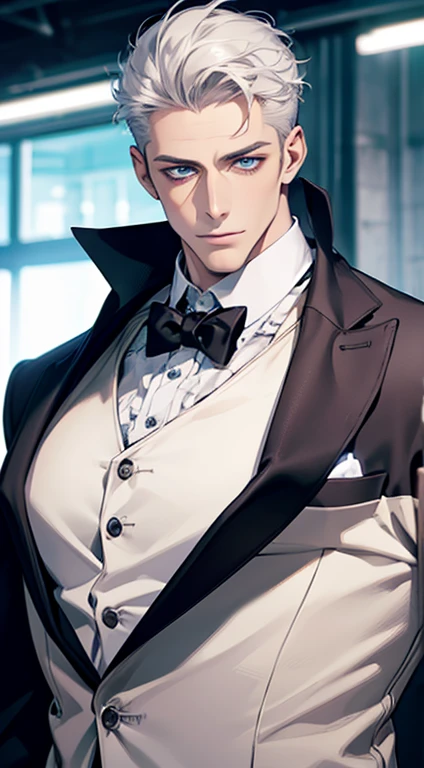 (best quality,4k,8k,highres,masterpiece:1.2),ultra-detailed,(realistic,photorealistic,photo-realistic:1.37),1 man,31 years old,mature man,very handsome,without expression,smile,short grey white hair,blue eyes,penetrating gaze,perfect face without errors,imposing posture,businessman,office background,cinematic lighting,hdr image