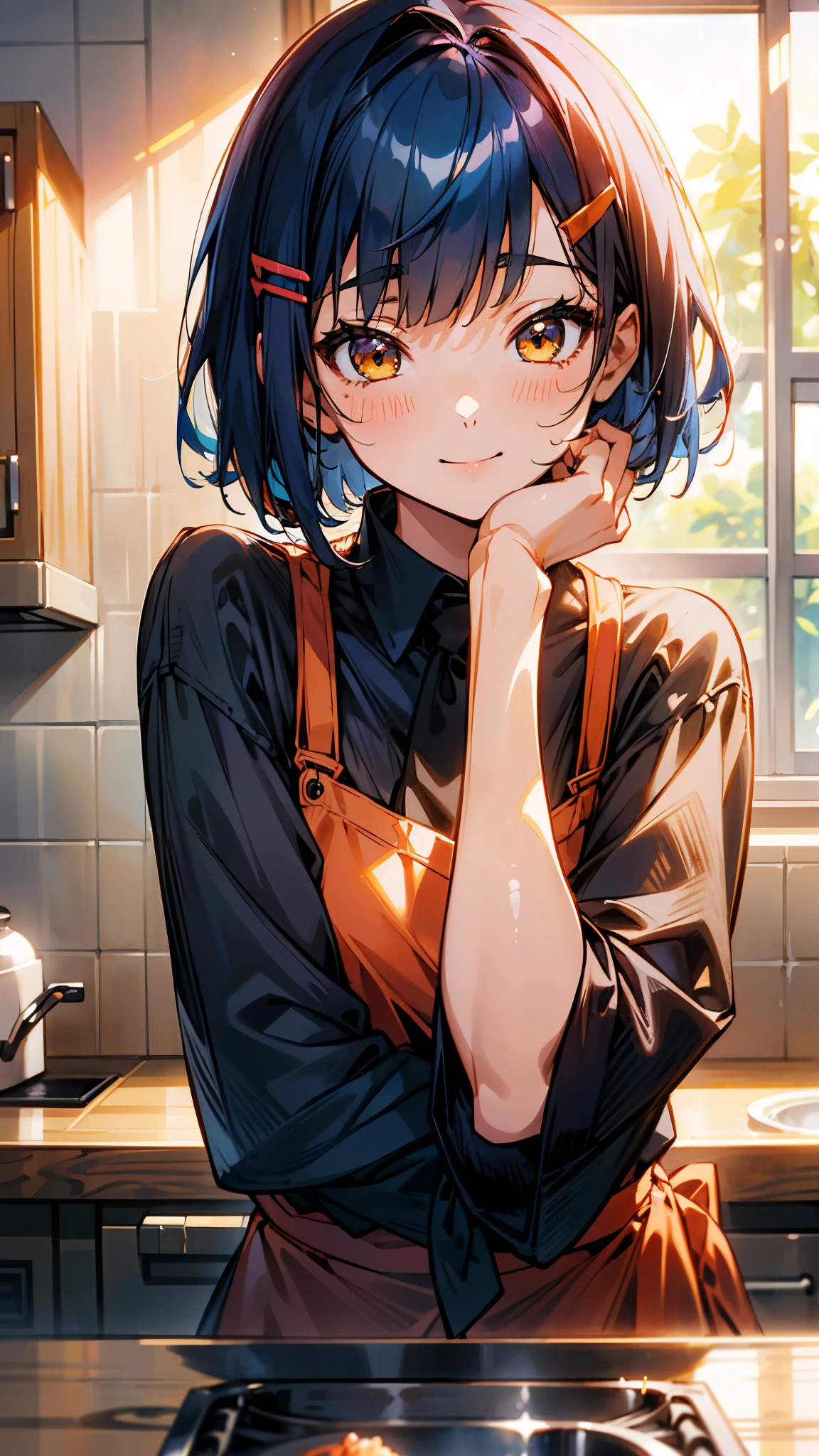 1 girl、Anime Images、Kitchen in the morning、Delicious food、shrimp、Shiny dark blue hair、Short Bob Hairstyles、Tie your hair with an orange hair clip、Beautiful brown eyes、smile、Upper body close-up、Sharp contours、Background Blur、Written boundary depth