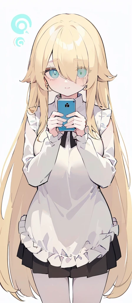 (((Long blonde Beautiful Hair))),blonde hair,kawai,(((Eyes visible from bangs,hair over eyes:1.3))),,Huge breasts,(cyan green color eyes),,(cyany slanted eyes),1girl in,bangs,long gray hair, pantyhose,Cowboy Shot,white background,short hair,smiled,(Wearing a white cream colored hodie), (Wearing a Korean style brown vest), ((Wearing a short black skirt that reaches above the thighs)) Bangs should be long to the tip of the chin...(((Hands focused on holding a handphone))), Kitchen room background, Perfect arm fingers,,, 1 girl, ((The image must match the tag)) Bangs almost cover the eyes full body (The character's entire body from top to bottom is completely visible)